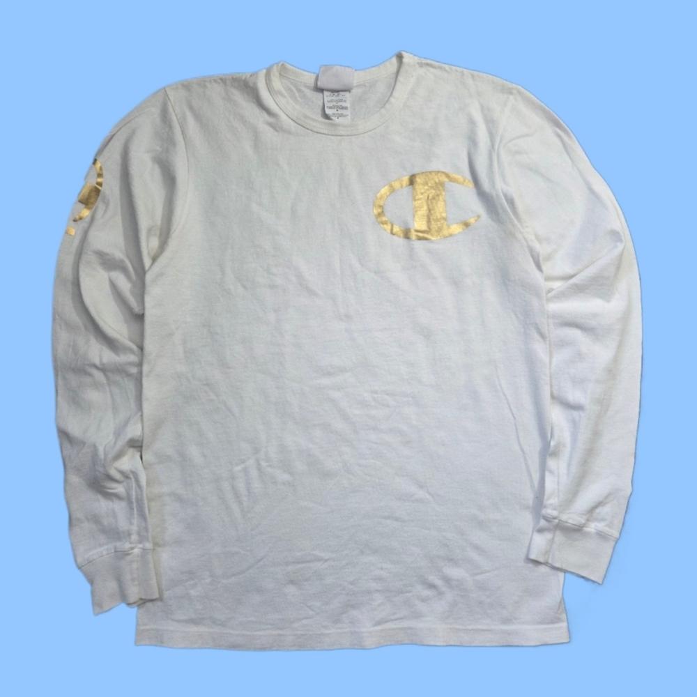 Champion Men's White Gold Logo Long Sleeve Shirt Size M 100% Cotton
